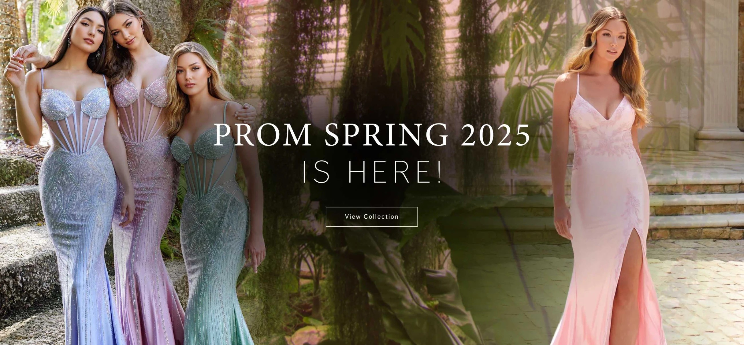 Models wearing Ellie Wilde EW36001 and Faviana 11010 gowns, Prom Spring 2025 banner Desktop