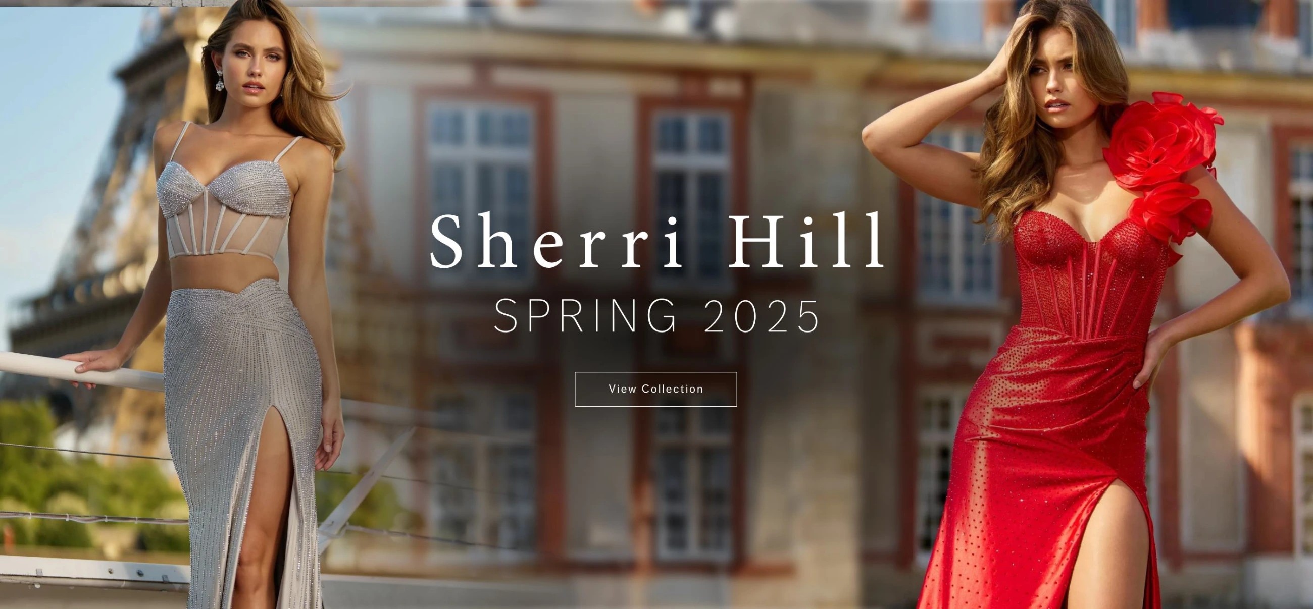 Models wearing Sherri Hill 56858 and 56855 gowns, Spring 2025 banner Desktop