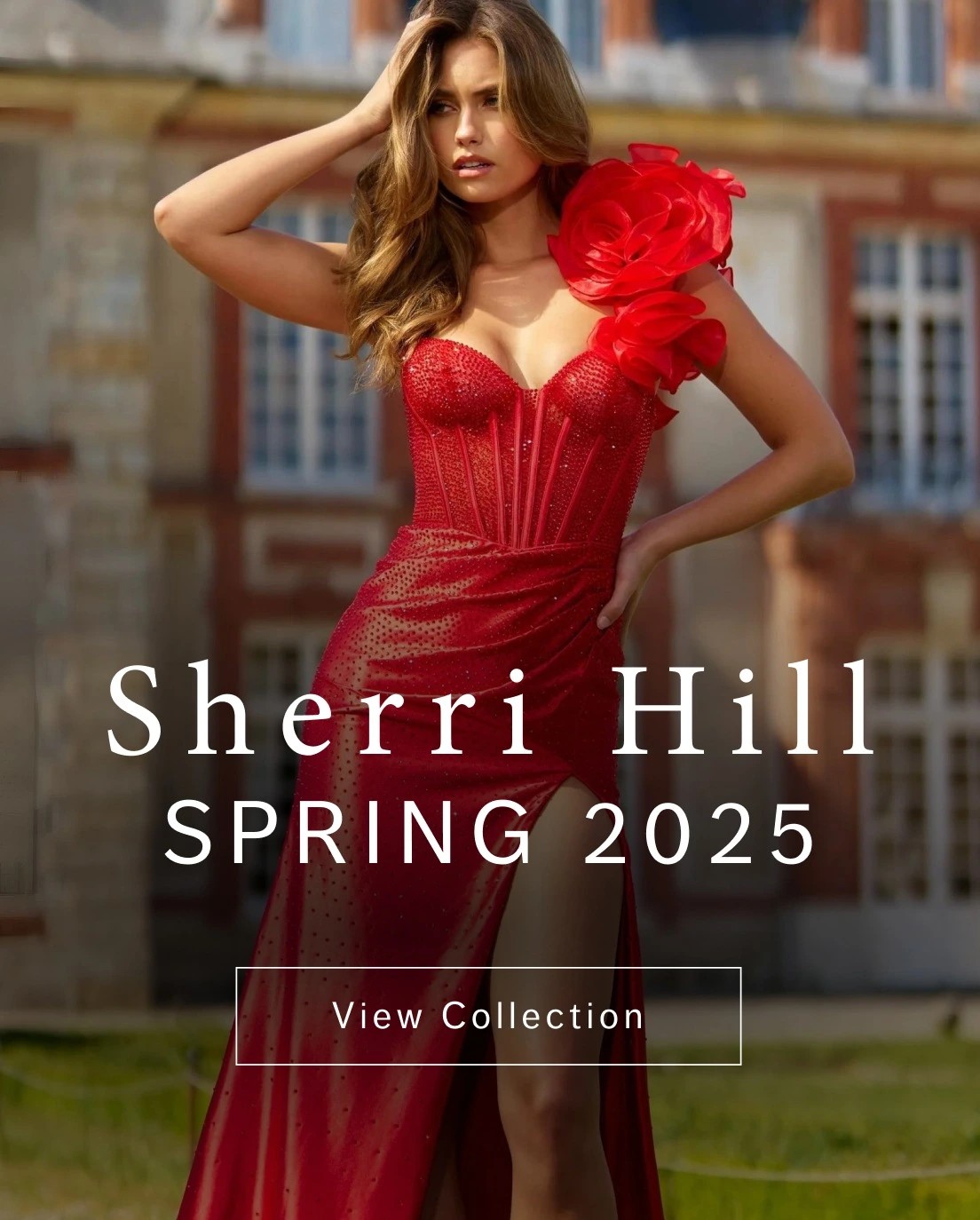 Models wearing Sherri Hill 56858 and 56855 gowns, Spring 2025 banner Mobile