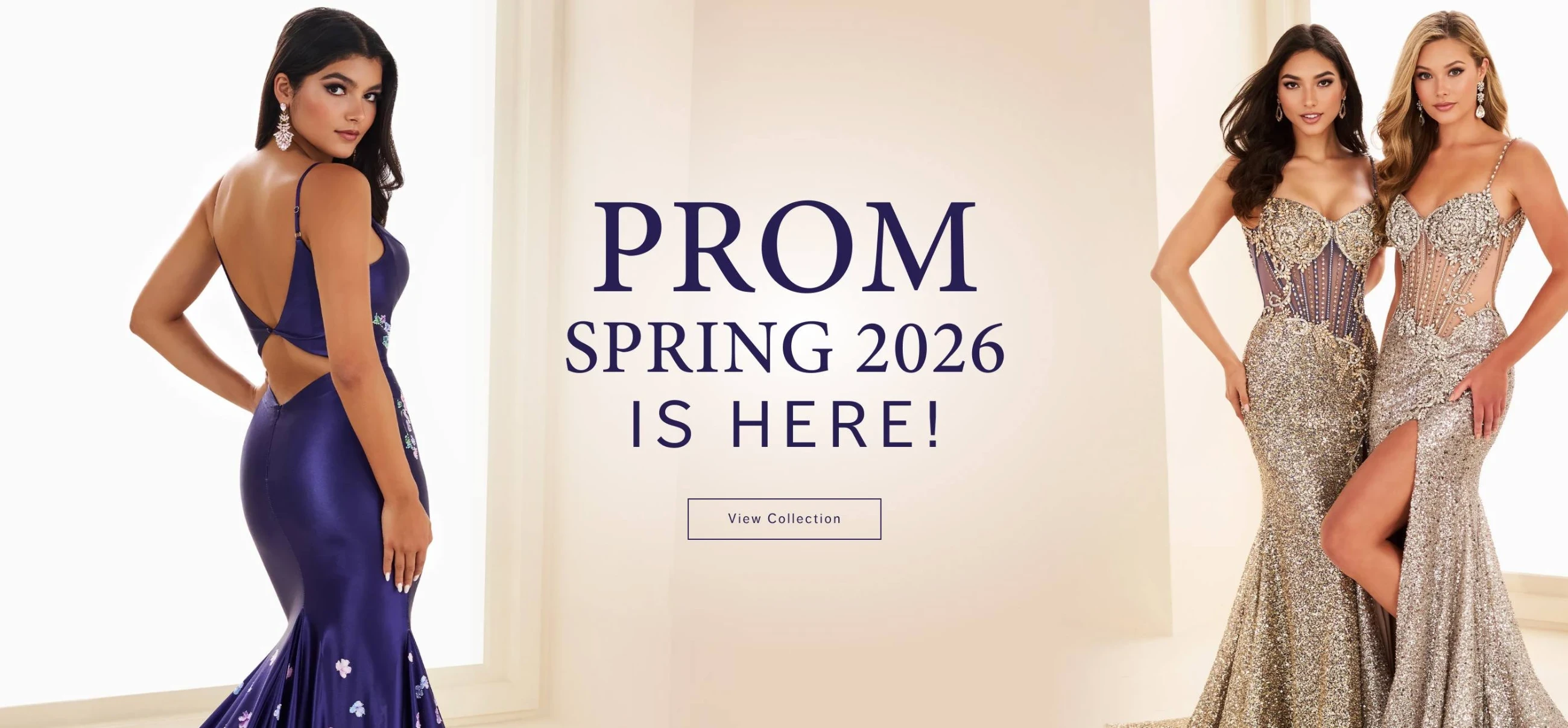 Models wearing Ellie Wilde prom dresses, spring 2026 desktop banner