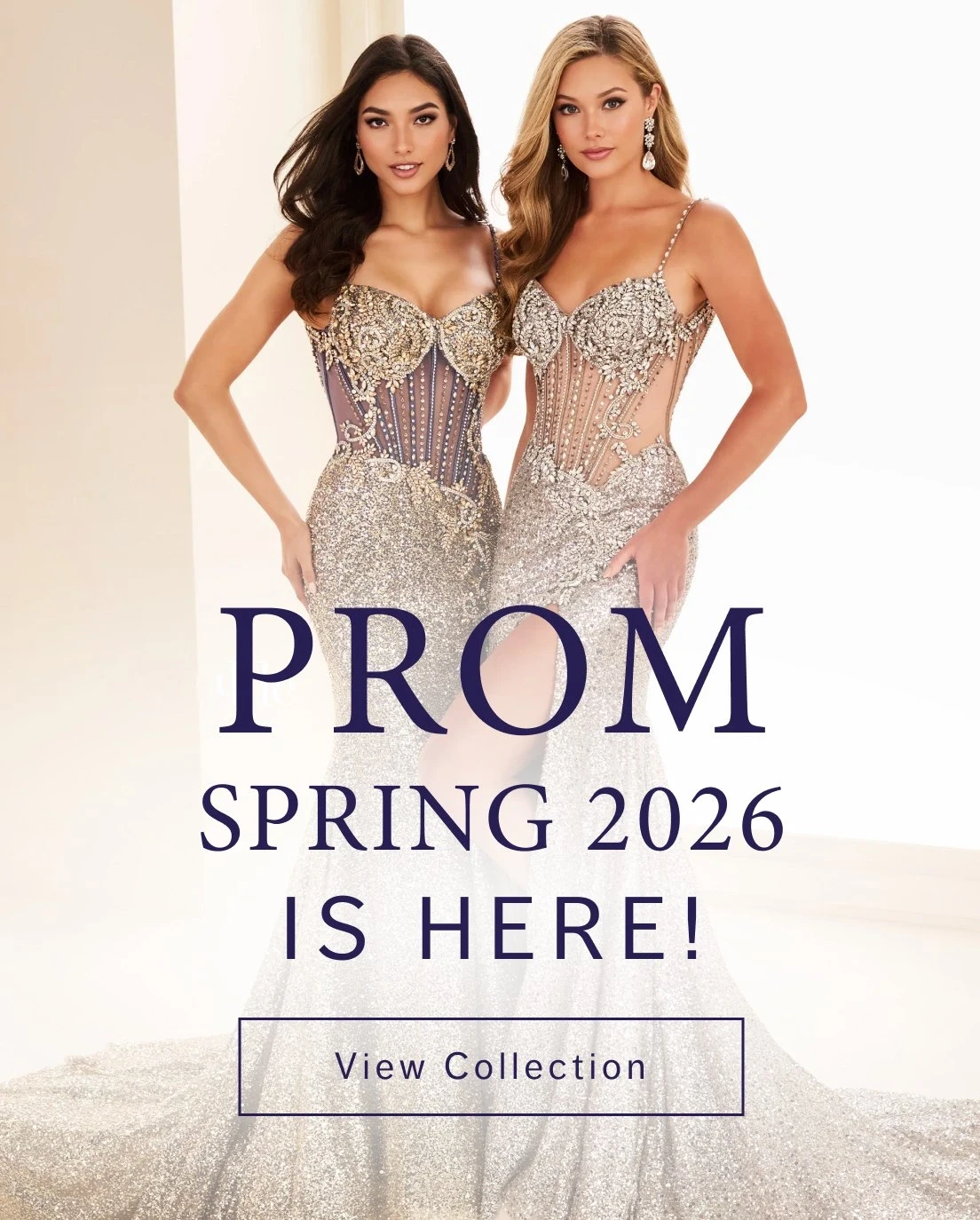 Models wearing Ellie Wilde prom dresses, spring 2026 mobile banner